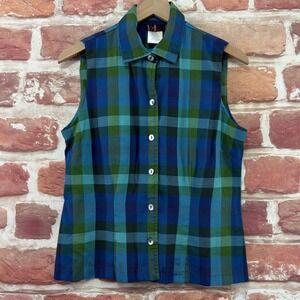 R&K Originals Top Women's 10 Blue Green Multicolor Plaid Button Up Casual Shirt